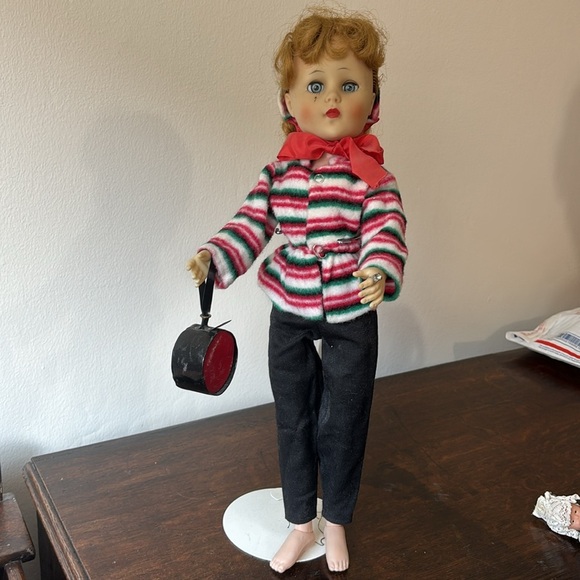 Vintage Antique Striped Doll with Red Bow - Picture 3 of 8